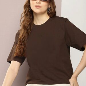 KOTTY Women Solid Scoop Neck Cotton Blend T-Shirt